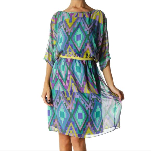 ADRIANNA PAPELL Green Yellow Purple  Geometric Print Cold Shoulder Sleeve Dress - Picture 1 of 11